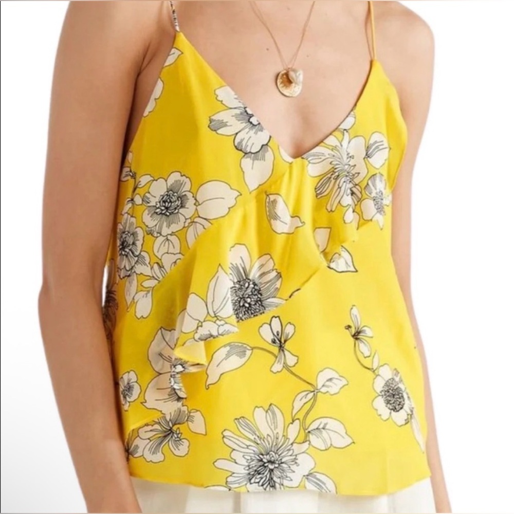 Alice + Olivia Laconia Yellow Floral Silk Ruffle V-Neck Camisole